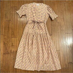 Erica Wilson modest Nantucket Tan Floral amandine midi Dress Sz Medium